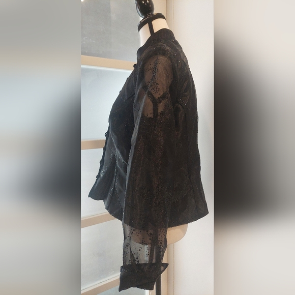 R&M Richards Elegant Black Blouse with Sheer Sleeves - Picture 5 of 12